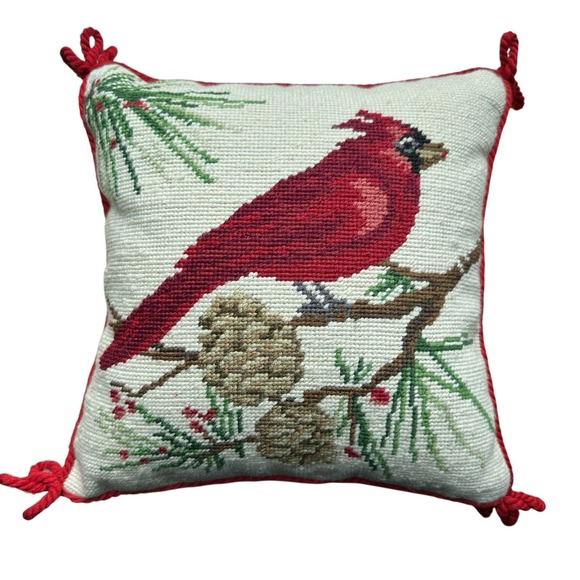 Peking Handicraft Needlepoint Throw Pillow Red Cardinal Wool Cotton 12" x 12 EUC - Picture 1 of 11